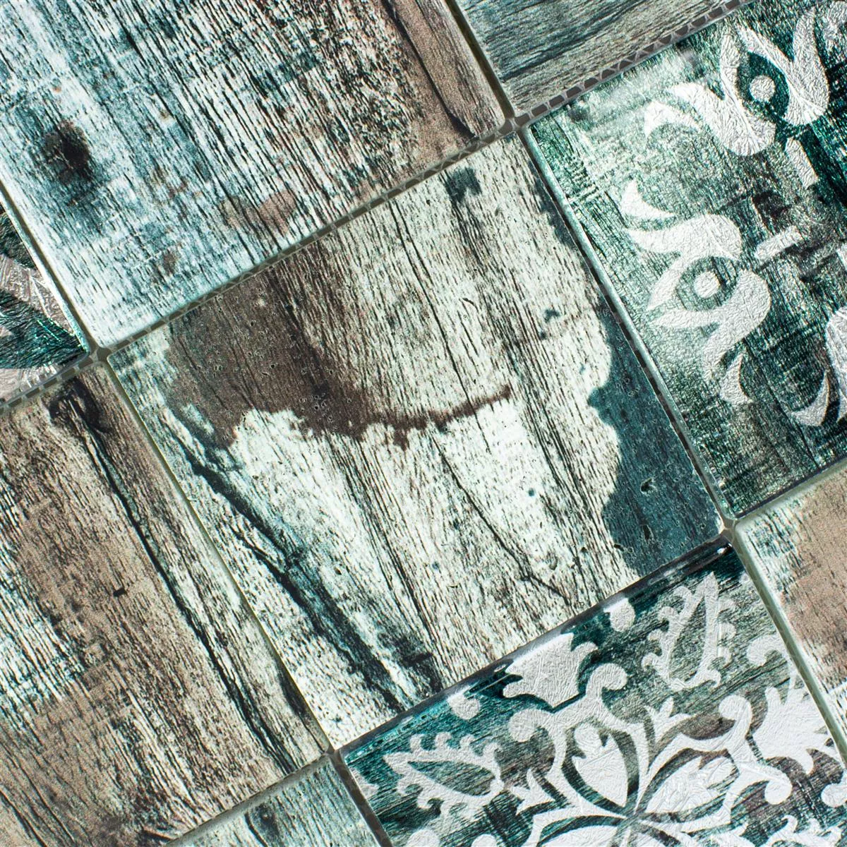 Skleněná Mozaika Dlaždice Dřevěný Vzhled Norwalk Šedá Hnědá Zelená Q98