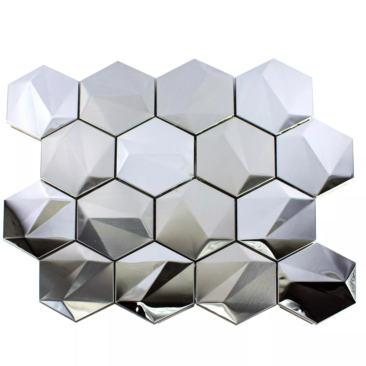 Vzorek Nerezová Ocel Mozaiková Dlaždice Durango Šestiúhelník 3D Stříbrná