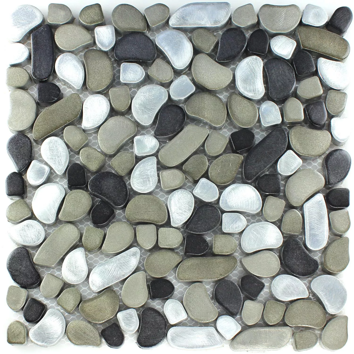 Vzorek Mozaiková Dlaždice Nerezová Ocel Říční Oblázky Design Black Stříbrná