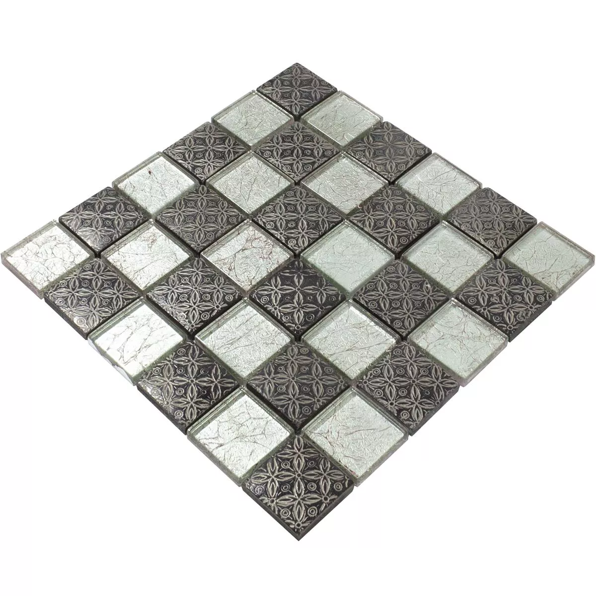 Skleněná Mozaika Dlaždice Bayford Ornament Stříbrná Černá